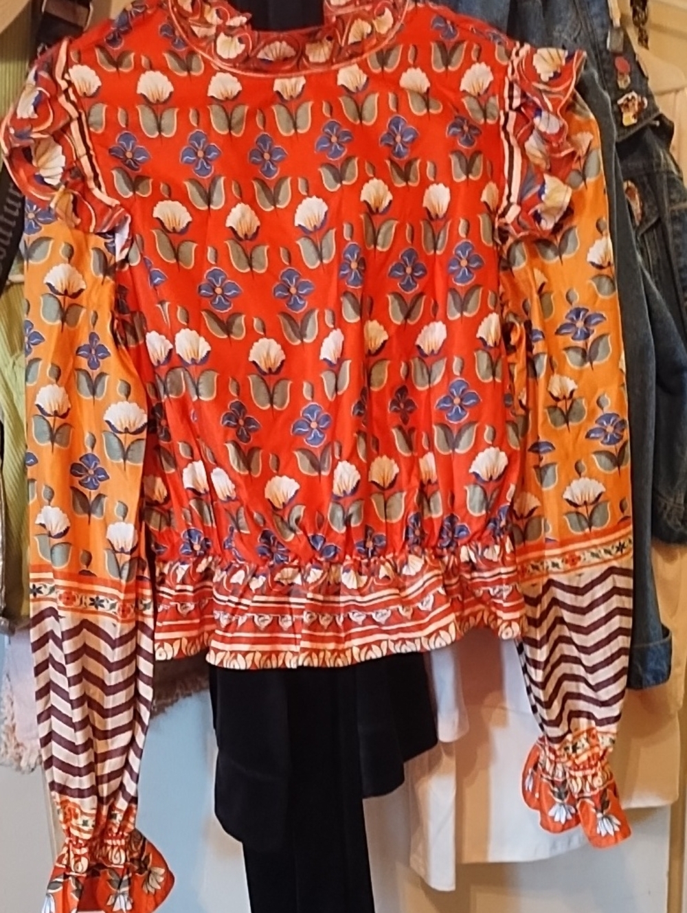 Floral Ruffle Long-Sleeve Top - Red & Orange